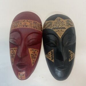 Hand Carved Wood Indonesian Tribal Face Masks Wall Sculpture Art Painted Set 2
